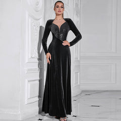 Elegantes, langärmeliges, rundhalsiges Patchwork-Abendkleid