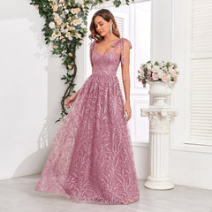 Vestido de noche para fiesta con escote en V atado, espalda en U, cremallera y dobladillo en A grande, forro completo