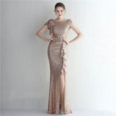 Vestido de cóctel largo con lentejuelas y corte de cola de pez para damas con brillo Sequ