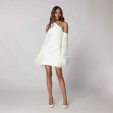 Arrival Slim Fit Dress One Shoulder Design Stitching Horn Furry Sleeves Short Dress