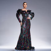 Vestido de noche de cóctel con cola de pez y manga larga, escote en V, ahuecado y con lentejuelas para dama de honor