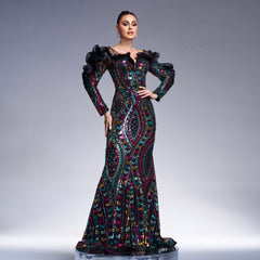 Long Sleeve V neck Hollow Out Cutout out Long Sequined Cocktail Fishtail Evening Dress Bridesmaid