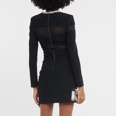 Bow Mesh Rhinestone Strip Dress Black Long Sleeve Semi Transparent