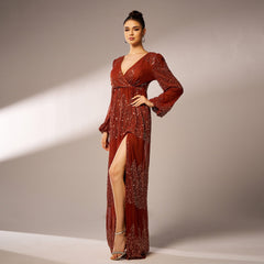 High End Long Sleeved Elegant V Neck Long Sequined Cocktail Evening Dress Bridesmaid Dress