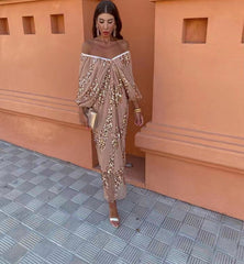 Vestido largo popular con escote en V profundo y lentejuelas y mangas de murciélago