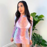 Sheer Mesh Long Sleeve Dress Mesh Floral Print Slim Long Sleeve Dress