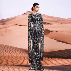 Super Long Sleeve Crew Neck Slim Long Sequined Cocktail Evening Dress Bridesmaid Dress