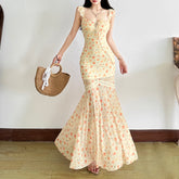 Tie-waist fishtail fruit print slim dress