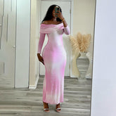 Elegant Graceful Shiny Gradient Color off Shoulder Bag Hip Maxi Dress