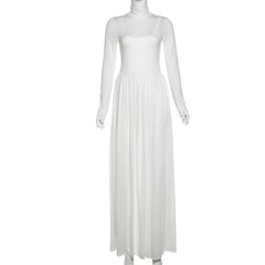 Sweet Fresh Solid Color Stitching Half High Collar Long Sleeves Slim Fit Maxi Dress Two Piece Sets