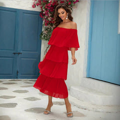 Elegant Boat Neck Pleated Ruffled Dress Maxi Dress