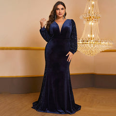 Vestido de talla grande de terciopelo con lentejuelas y mangas farol, elegante y elegante, con cola de pez para noche.