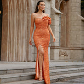 Vestido de noche elegante largo con lentejuelas y espalda descubierta para dama de honor