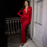 French Deep V Plunge Tight Waist Velvet Light Luxury Dress Fishtail Sheath Dress with Gloves