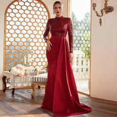 Elegantes, langes Paillettenkleid mit langen Ärmeln und Rundhalsausschnitt, ideal für Cocktailpartys, Jahrestreffen, Abendveranstaltungen oder als Brautjungfernkleid