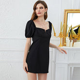 Solid Color Square Collar Puff Sleeve Dress