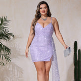 Plus Size High Grade Sequined V Neck Straps Tulle Ribbon Hip Dress