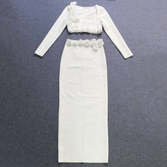 Vestido de dos piezas con mangas largas y estampado floral tridimensional
