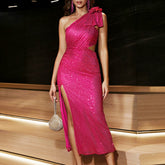 Fashionable Pleated Slim Fit High Grade Sequined Shoulder Sleeveless Sheath Split Dress