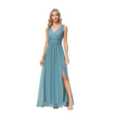Chiffon Maxi Dress Double V Neck Sleeveless Swing Evening Dress Split Stretch Waistline Prom Gown
