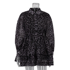 Early Chiffon Leopard Print Long Sleeved Dress Street Collared Pettidress