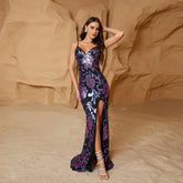 Sleeveless Elegant Suspenders Long Sequined V neck Cocktail Evening Dress Bridesmaid