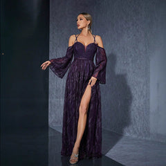 Halter Bell Sleeve Dress Slit Design Dress Beach Party Gathering Evening Dress