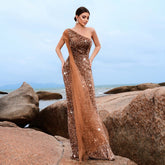 Elegant Bandeau Long Sequined One Shoulder Diagonal Collar Cocktail Evening Dress Bridesmaid Dress