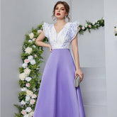 High Waist V neck Petal Sleeve Digital Printing Stitching Dress