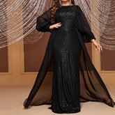 plus Size Dress Sequined Mesh Stitching Long Sleeves Evening Gown Elegant Dress