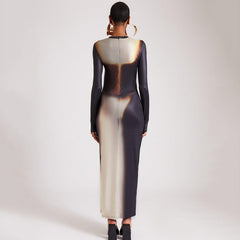 round Neck Long Sleeved Dress Tight Split Maxi Dress