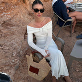 Tube Top Off Neck Back Slit Solid Color Mid Length Dress