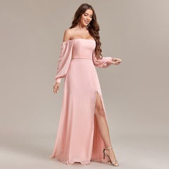Multiple Wear Elegant Tube Top Elastic Long Sleeve Back Zipper High Slit Formal Dress A line Chiffon Dress