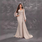 Cocktail Party Evening Dress Sequined Satin V neck Long Sleeve Elegant Evening Gown