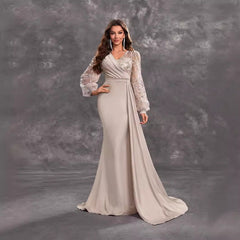 Elegantes Abendkleid für Cocktailpartys, Paillettenbesetzt, Satin, V-Ausschnitt, lange Ärmel