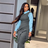 Stitching Contrast Colors False Two Piece Ribbon Slim Back Slit Dress