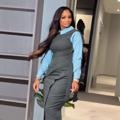 Stitching Contrast Colors False Two Piece Ribbon Slim Back Slit Dress