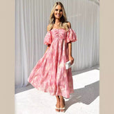 Elegant Mid Waist Off Neck Floral Dress