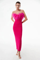 Ostrich Fur Tube Top Bandage One Piece Dress