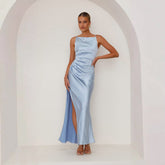 Solid Color Sleeveless Tube Top Maxi Dress Slim Fit Backless Slit Dress