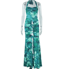 Printing Dress Sleeveless Halter Backless Slit Casual Dress