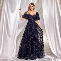 Vestido de noche de alta calidad con cuello en U y estampado floral, manga corta, corte entallado, para fiesta y cóctel.