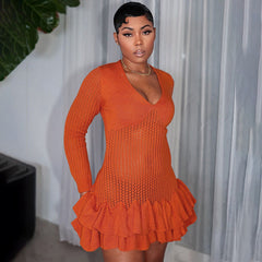 Deep V Plunge neck Slim Fit Long Sleeve Dress Wooden Ear Hip