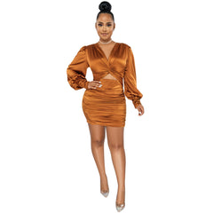 Solid Color Long Sleeve Hollow Out Cutout Pleated Midi Dress