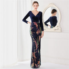 Korean Velvet 10 Sequin Long Sleeved Fishtail Evening 's High End Elegant Cocktail Annual Meeting King