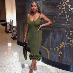 Personalized Sling Backless Wooden Ear Knitted Slim Fit Maxi Dress