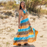 Slim Tie Dye Strap Backless Printed Dress Bohemian Beach Long