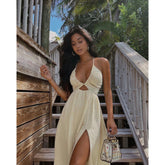 Bandeau V Neck Dress Loose Vacation Split Large Swing
