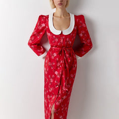Elegant Printed Dress Three Quarter Sleeve Collared Split Waist Fitted Dress