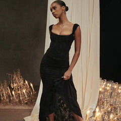 Vestido tubo con tirantes estampados, elegante vestido largo con cola de pez y espalda descubierta